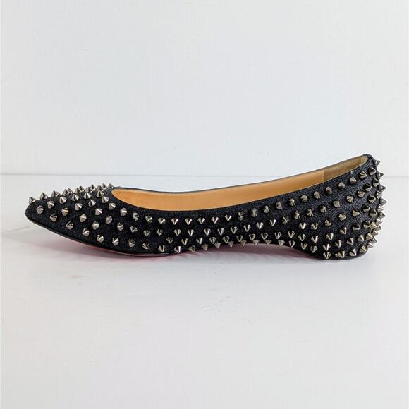 Christian Louboutin Shoes Pigalle Spike Flats 39.5 Black Silver Denim Pointy Toe - Picture 1 of 14
